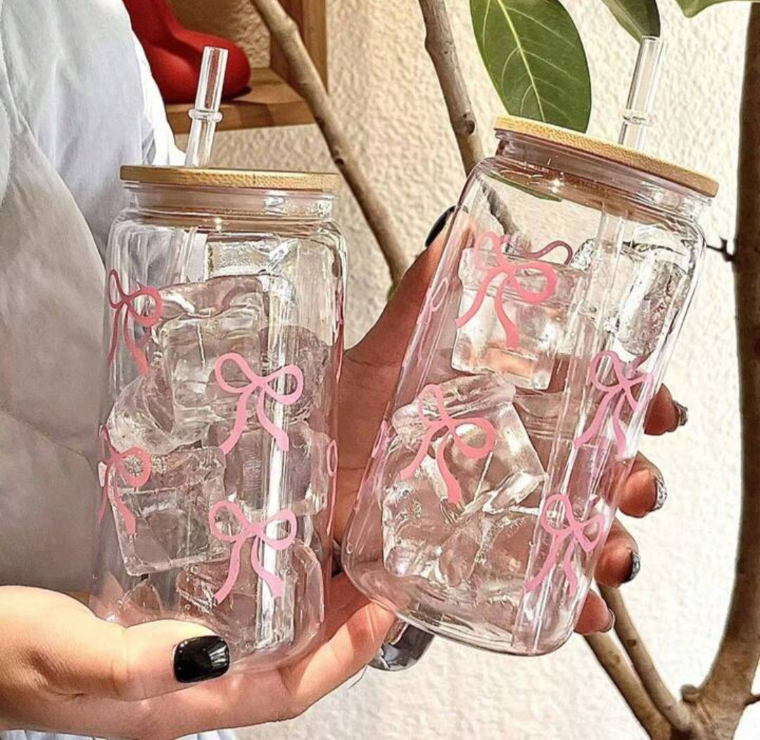 1pc 16oz Pink Bow Plastic Insulated Tumbler With Bamboo Lid & Straw, Vintage Drinkware